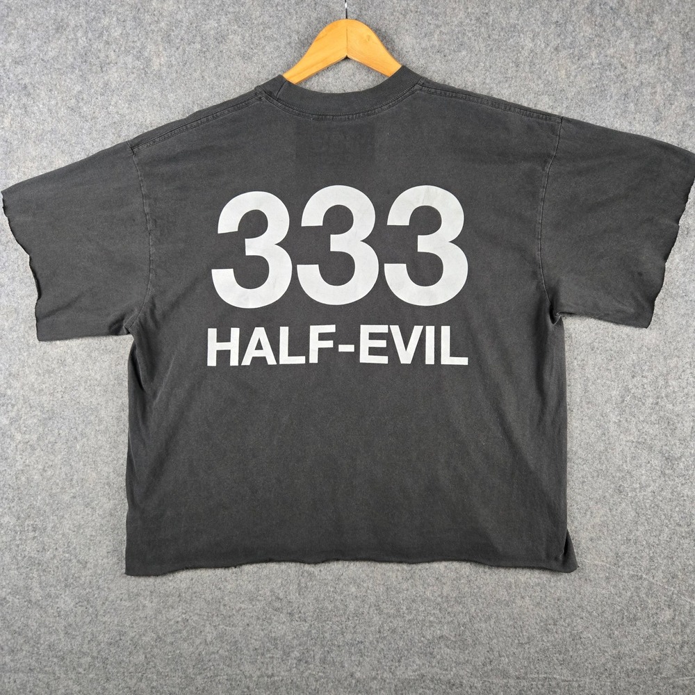 Half Evil 333 T Shirt Mens Large Black Raw Hem Cropped Streetwear Graphic Tee